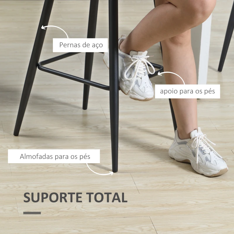 HOMCOM Conjunto de 2 Bancos Altos de Cozinha Bancos de Bar Estofados em Veludo com Apoio para os Pés e Encosto Cinzento