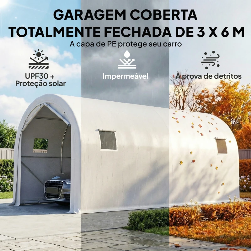 Outsunny Garagem Exterior 3x6 m Impermeável com Tecido PE Resistente e Estrutura de Metal Galvanizado UPF 30+ Branco