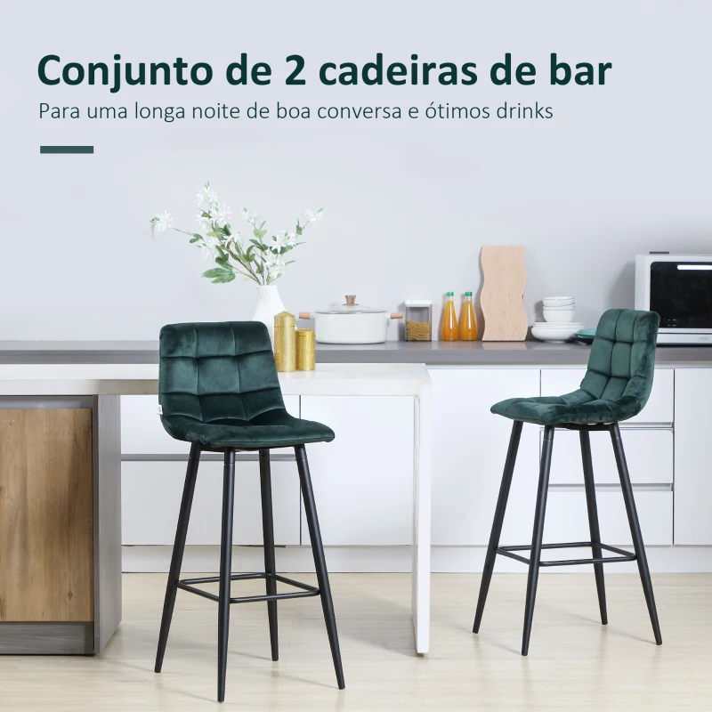 HOMCOM Conjunto de 2 Bancos Altos de Cozinha Bancos de Bar Estofados em Veludo com Apoio para os Pés e Encosto Verde