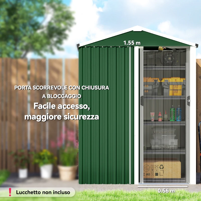 Outsunny Casetta da Giardino in Acciaio 1.1m² con Porta Scorrevole Bloccabile, 136x87x179 cm, Verde