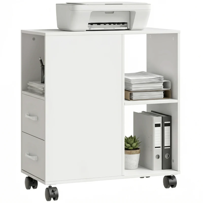 HOMCOM Măsuță Minimalistă pe Rotile cu 2 Sertare, Compartiment Deschis și Raft Reglabil, din Lemn, 60x30x65 cm, Alb