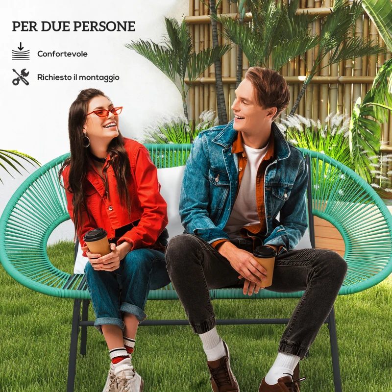 Outsunny Divano da Giardino 2 Posti in Rattan PE e Acciaio con Cuscini e Braccioli, 132x72x83 cm, Verde