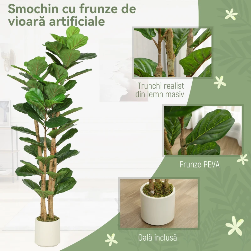 HOMCOM Plantă Artificială de Smochin Verde în PEVA și Lemn cu Ghiveci din PP și Bază din Ciment, 50x50x150 cm