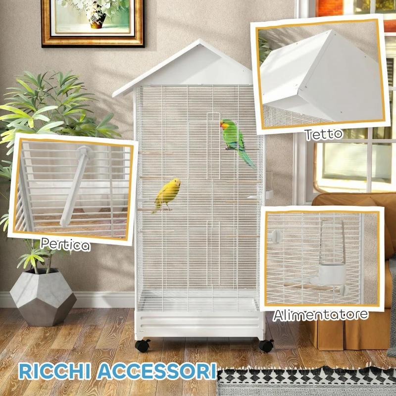 PawHut Gabbia per Uccelli, Voliera in Acciaio con Ruote, 79x65x155cm, Bianco