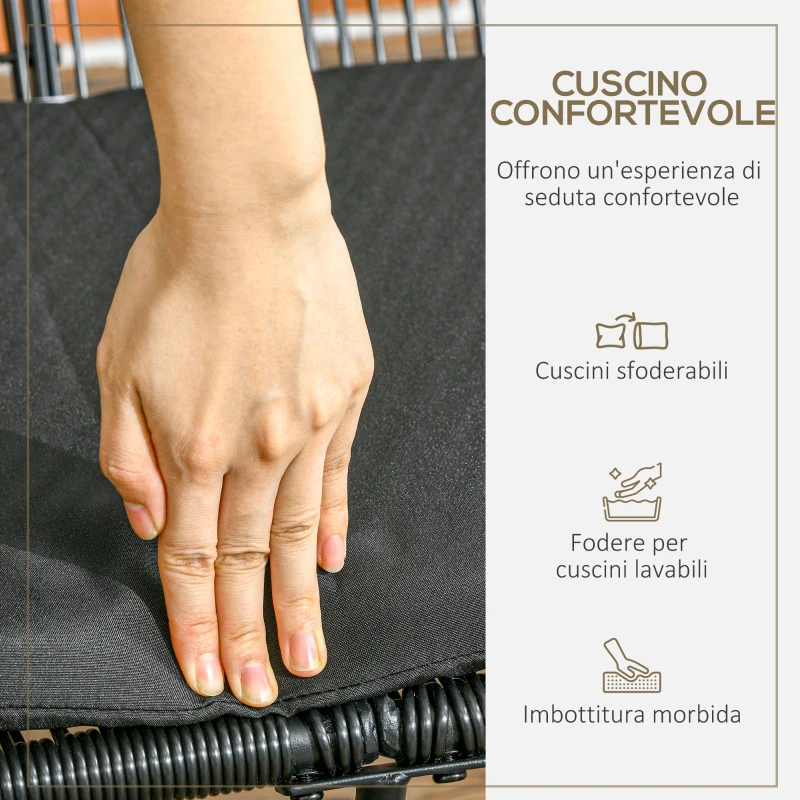 Outsunny Divano da Giardino 2 Posti in Rattan PE e Acciaio con Cuscini e Braccioli, 132x72x83 cm, Nero