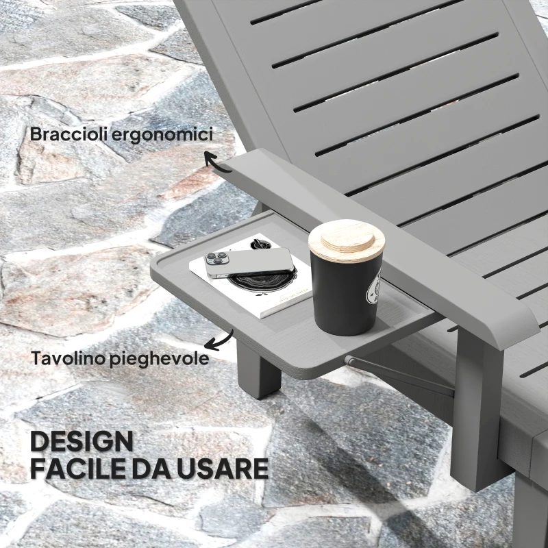 Outsunny Set 2 Sdraio da Giardino Regolabili con Tavolino e Braccioli, in Polipropilene, 79x158x88 cm, Grigio Scuro