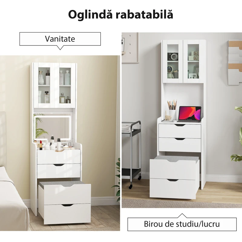 HOMCOM Masă de Toaletă pentru Machiaj cu Oglindă Iluminată și Taburet, Lumină Reglabilă, Sertare și Dulap, Alb