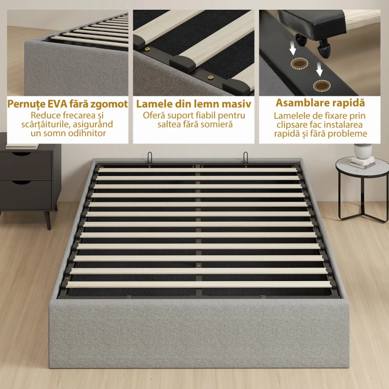 HOMCOM Pat Dublu cu Spațiu de Depozitare 190x140 cm, Lamele din Lemn, Sistem cu Piston și Tapițerie, Gri