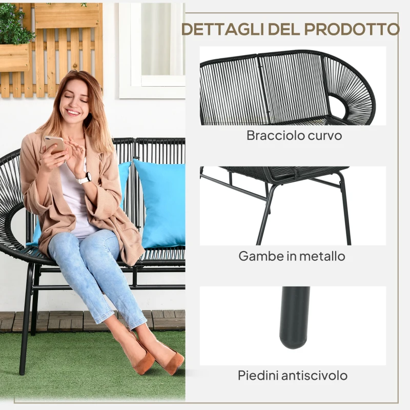Outsunny Divano da Giardino 2 Posti in Rattan PE e Acciaio con Cuscini e Braccioli, 132x72x83 cm, Nero