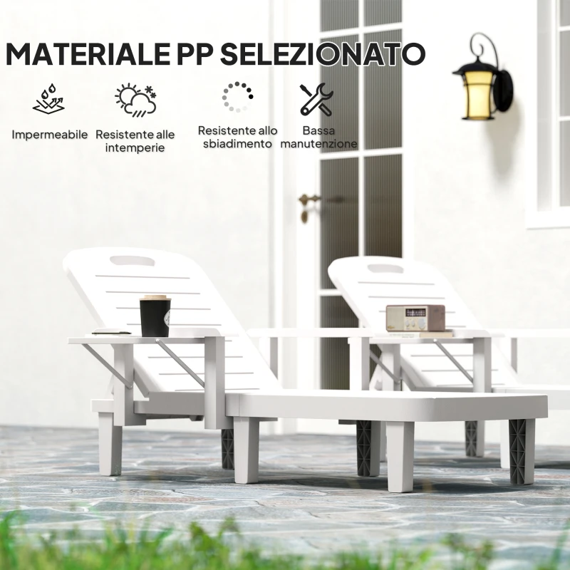 Outsunny Set 2 Sdraio da Giardino Regolabili con Tavolino e Braccioli, in Polipropilene, 79x158x88 cm, Bianco
