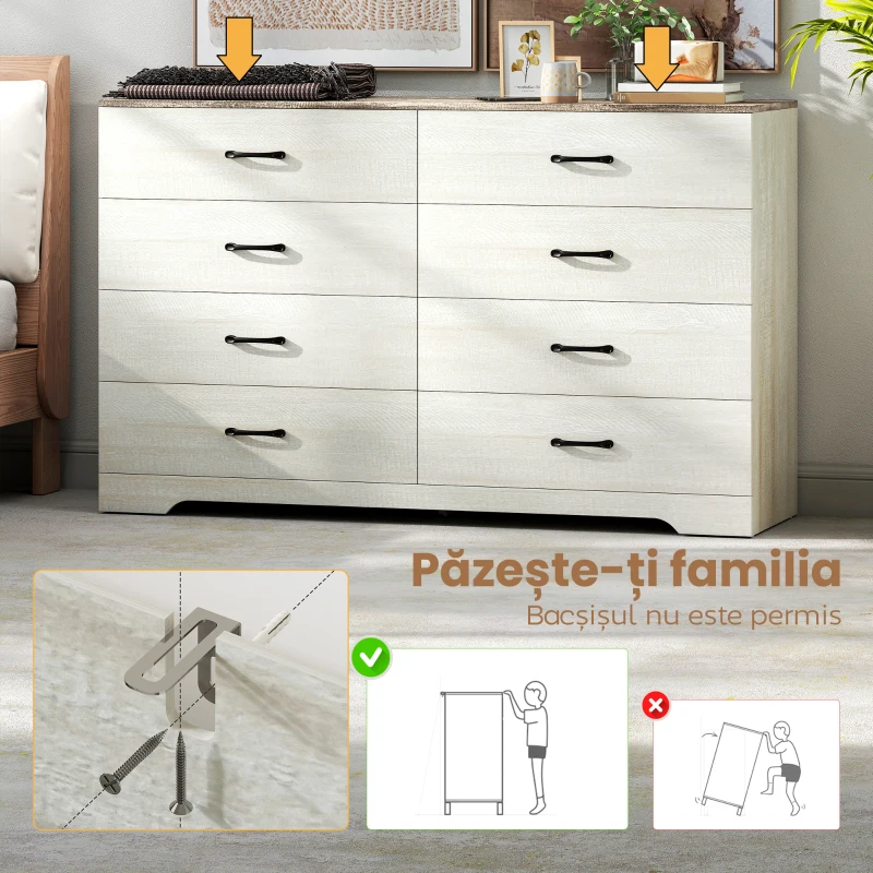 HOMCOM Comodă 8 Sertare Modernă din Lemn, 140x40x86 cm, Nuc și Gri Deschis