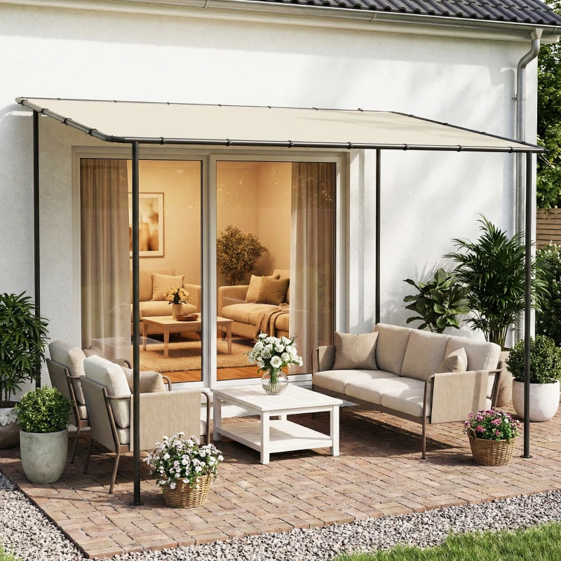 Outsunny Pergola de jardin, pergola adossée tonnelle de jardin avec structure métallique et trous de drainage, 3 x 2 m, crème