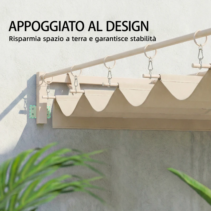 Outsunny Pergola Addossata 3x3 m con Tetto Retrattile Scorrevole UV30+ e Fori di Drenaggio, Beige