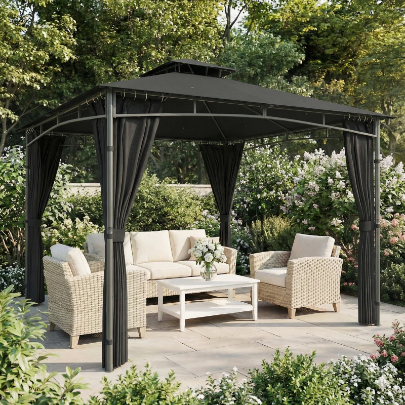 Outsunny Gartenpavillon Außen Einziehbarer Dachrahmen und Doppeldach UV50+ Wasserdicht 3x3 m Anthrazitgrau