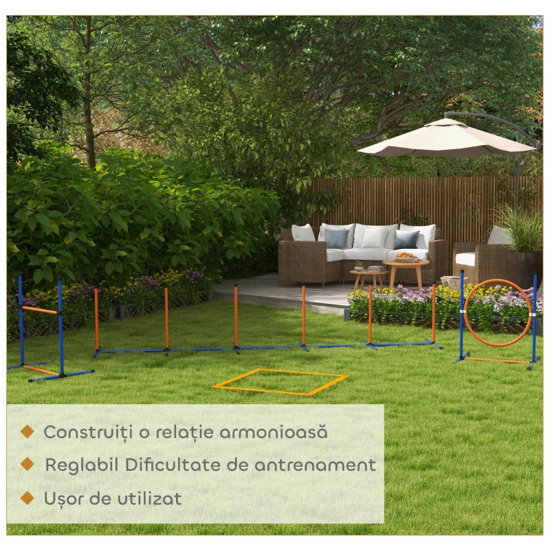 PawHut Set de agilitate pentru câini cu inel și bară pentru sărituri, stâlpi pentru slalom, fluier, mingi, portocaliu