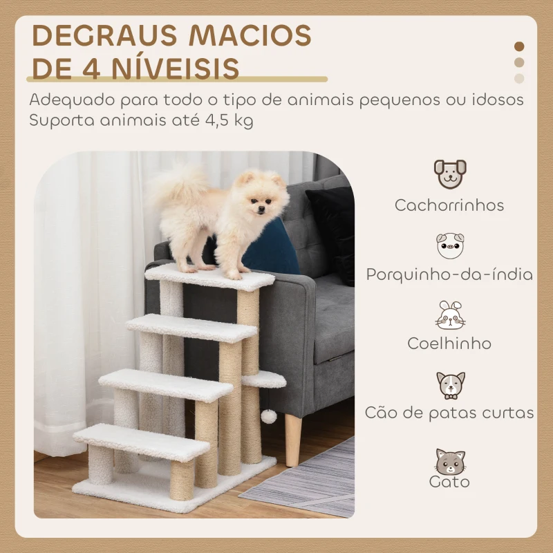 PawHut Escada para Gatos de 4 Níveis Coberta de Pelúcia Suave Poste de Juta Bola Pendurada Arranhador para Gatos 60x40x64 cm Branco