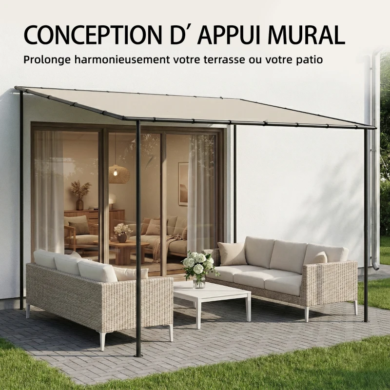 Outsunny Pergola de jardin, pergola adossée tonnelle de jardin avec structure métallique et trous de drainage, 3 x 2 m, crème