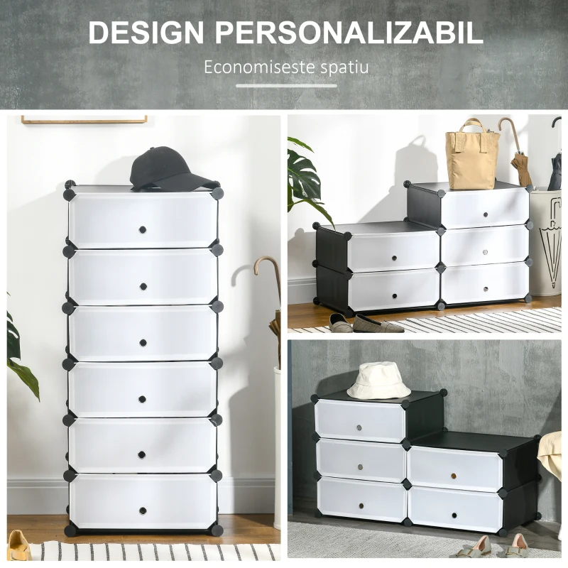 HOMCOM Mobilier pentru incaltaminte modular, 6 cuburi 49x36.5x108 cm din plastic PP si otel, Negru