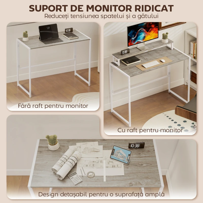 HOMCOM Birou Pliabil Economisitor de Spațiu cu Stand pentru Monitor Detașabil, 100x48x87,5 cm, Lemn