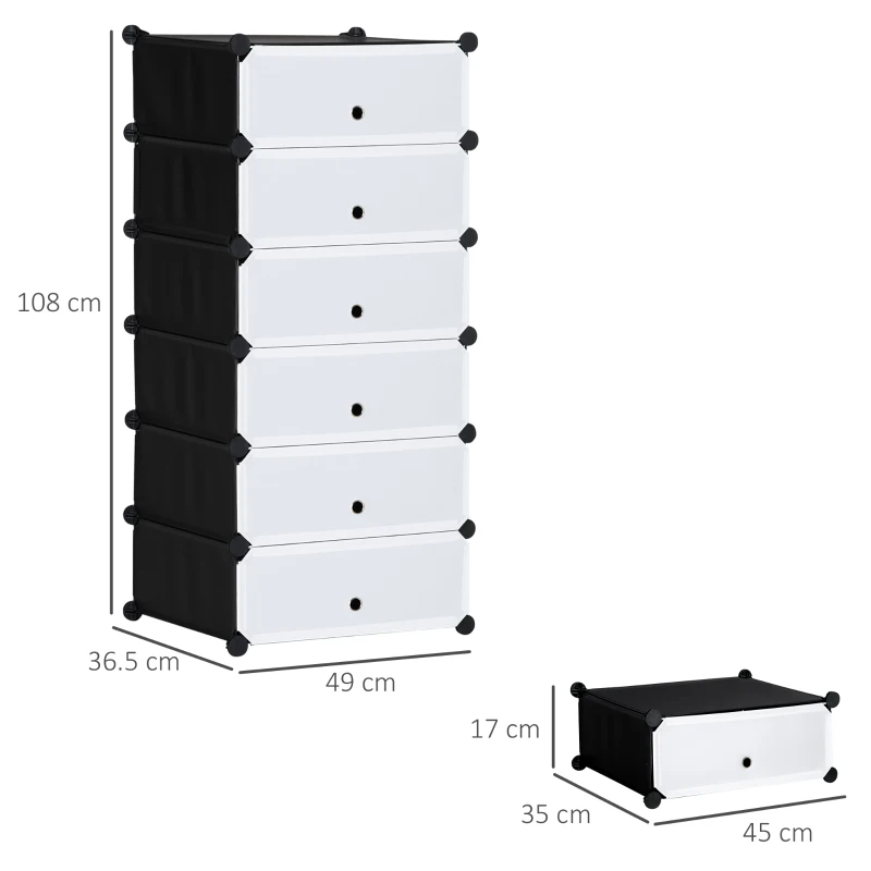HOMCOM Mobilier pentru incaltaminte modular, 6 cuburi 49x36.5x108 cm din plastic PP si otel, Negru