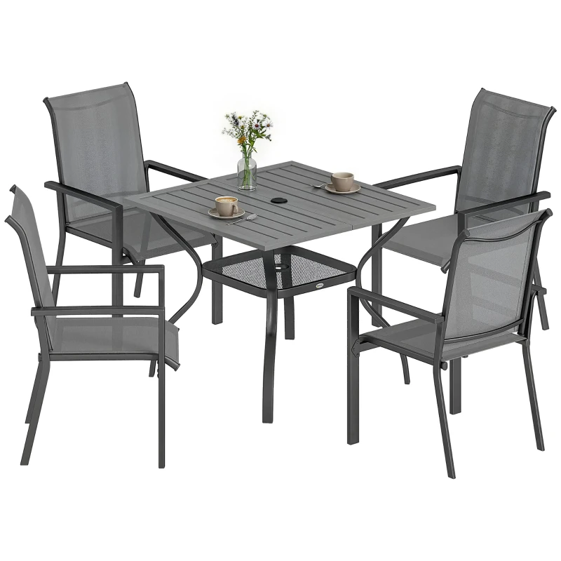 Outsunny Set da Giardino 5 pz in Acciaio con 4 Sedie Impilabili e Tavolo con Foro Centrale e Ripiano Inferiore, Grigio