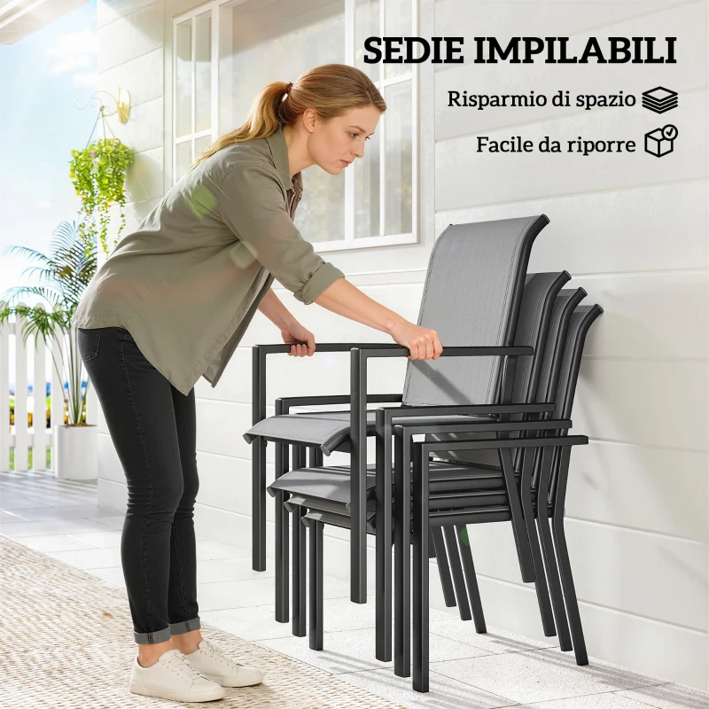 Outsunny Set da Giardino 5 pz in Acciaio con 4 Sedie Impilabili e Tavolo con Foro Centrale e Ripiano Inferiore, Grigio