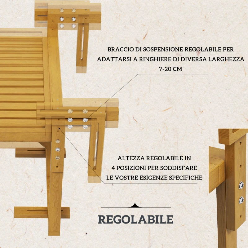 Outsunny Tavolino da Ringhiera per Balcone Pieghevole e Regolabile in Legno, Colore Legno