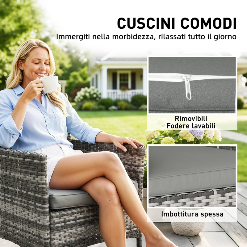 Outsunny Set di 2 Sedie da Giardino in Rattan con Cuscini e Braccioli, Grigio