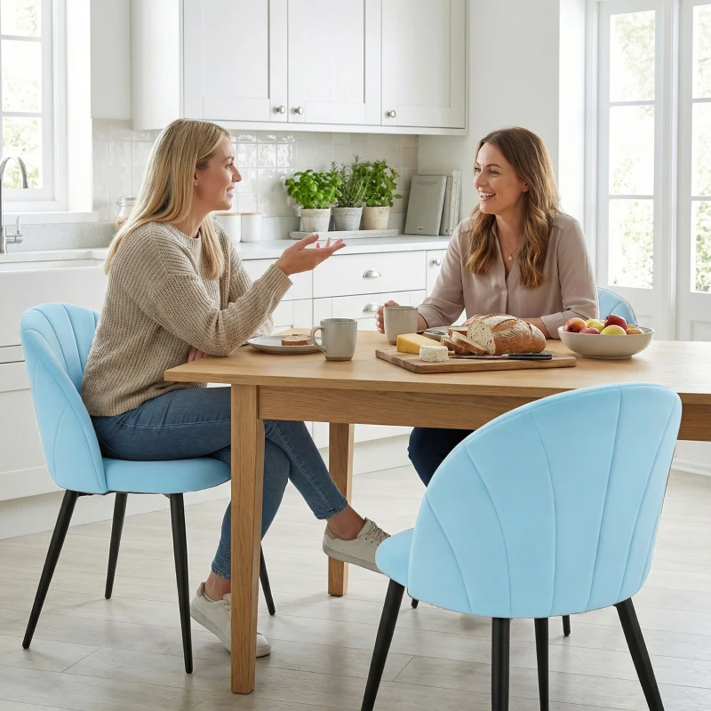 HOMCOM Set 2 Sedie da Pranzo Imbottite con Schienale a Conchiglia in Velluto, 52x55x79 cm, Azzurro