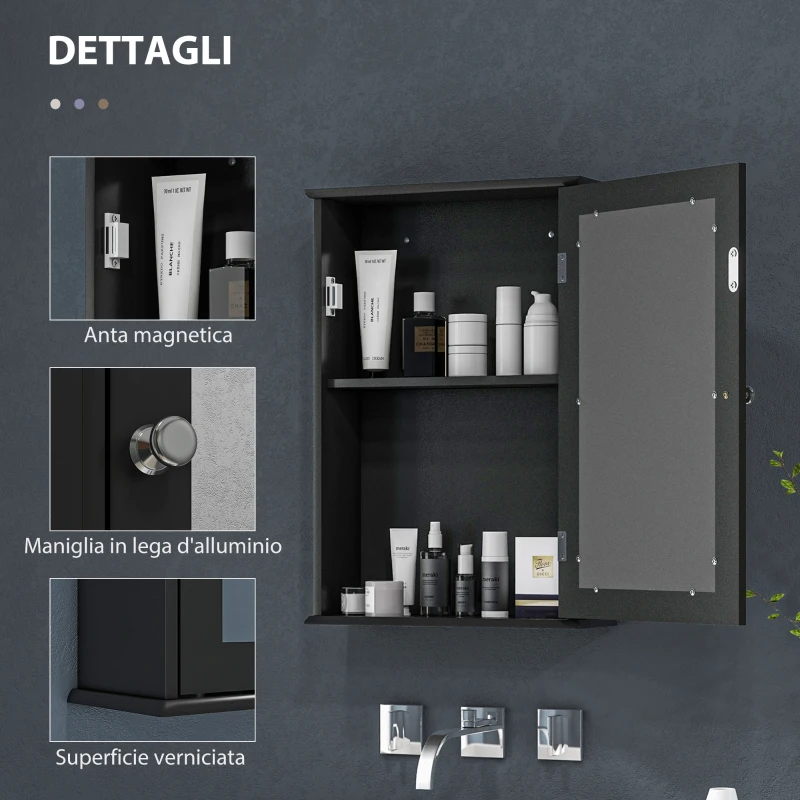 kleankin Mobiletto Bagno Pensile con Specchio e Anta a Chiusura Magnetica, 41x14x60 cm, Nero
