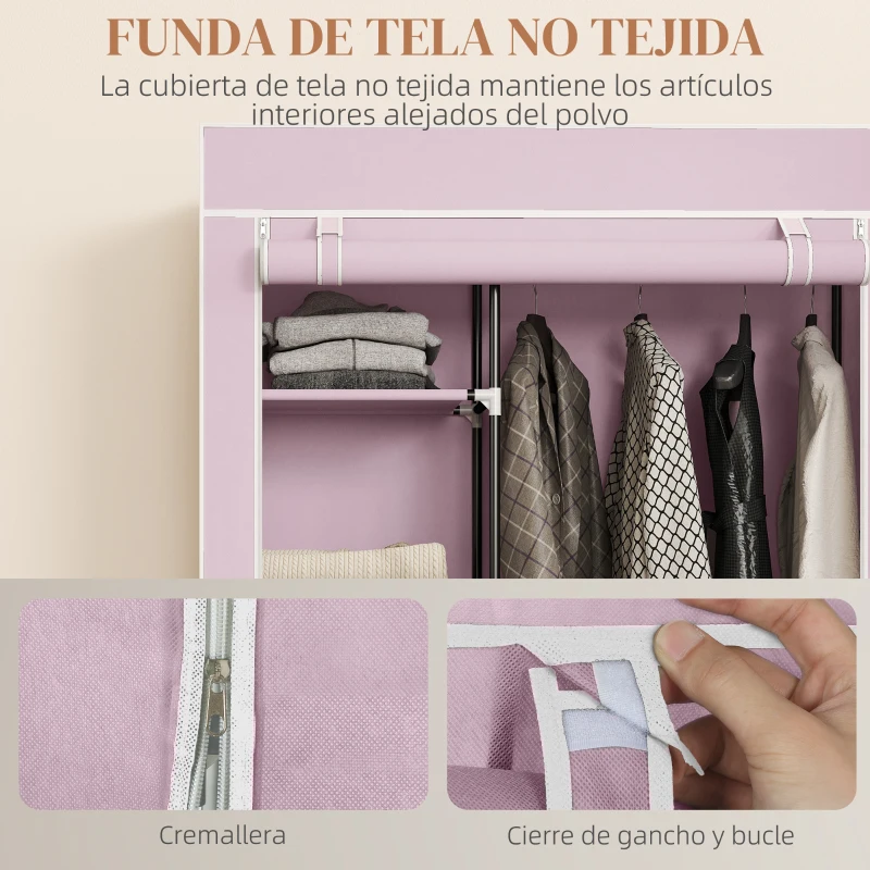 HOMCOM Armario de Tela con Ruedas Ropero Portátil con 6 Estantes y 1 Barra de Colgar para Dormitorio 103x43x162,5cm Rosa