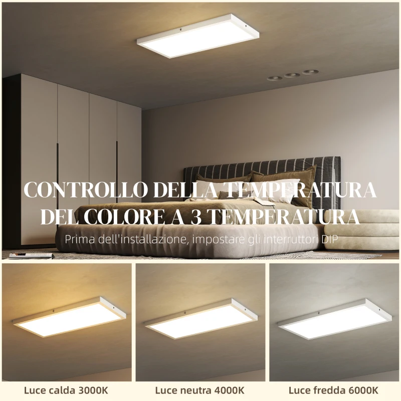 HOMCOM Set 2 Plafoniere LED Sottili e Minimal con Colore Regolabile, in Acciaio e Plastica, 60x30x3.7 cm, Bianco