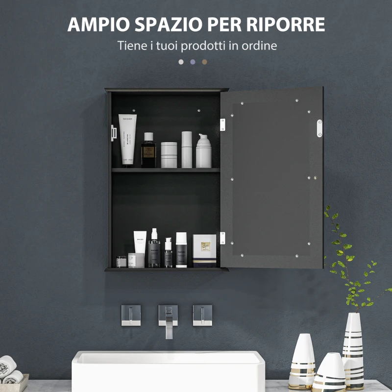 kleankin Mobiletto Bagno Pensile con Specchio e Anta a Chiusura Magnetica, 41x14x60 cm, Nero