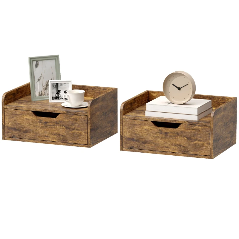 HOMCOM Floating Nightstands Set of 2, Wall Mounted Bedside Table with Drawer for Bedroom, Rustic Brown