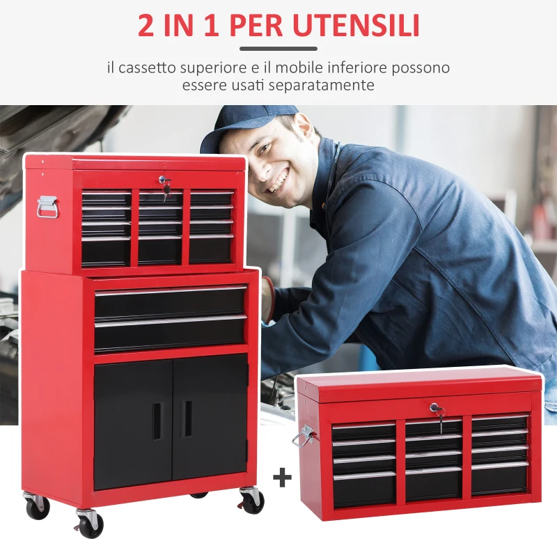HOMCOM Carrello Porta Attrezzi 2 in 1 con Cassetta Superiore e Armadietto Inferiore, in Metallo, 61.6x33x108 cm, Rosso