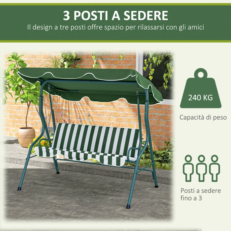 Outsunny Dondolo 3 Posti con Tettuccio Regolabile e Cuscini, in Acciaio e Poliestere, 170x110x153 cm, Verde e Bianco