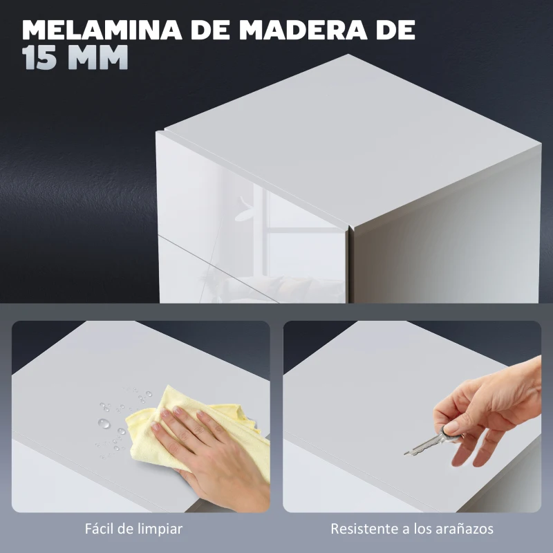 HOMCOM Mesita de Noche con LED RGB 3 Cajones y Mando a Distancia Diseño Moderno 40x35x60 cm Blanco Brillo