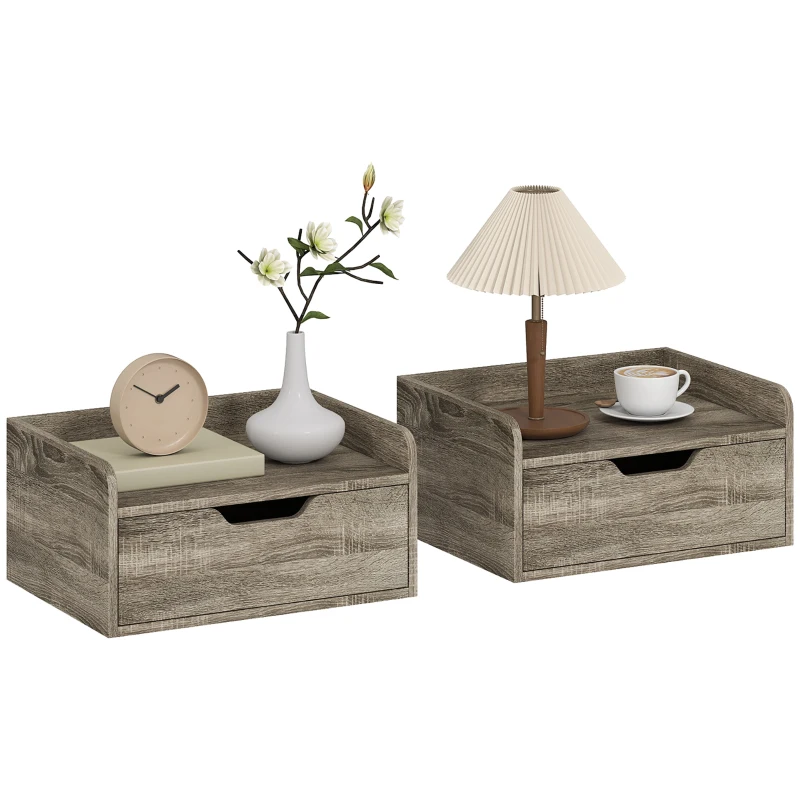 HOMCOM Floating Nightstands Set of 2, Wall Mounted Bedside Table with Drawer for Bedroom, Grey Wood Effect