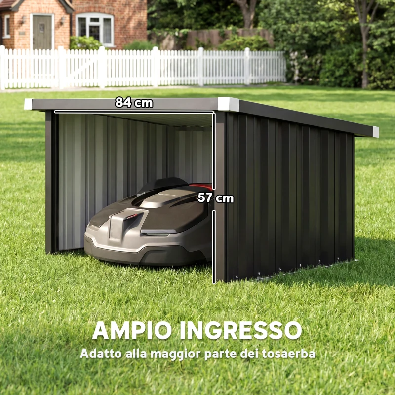 Outsunny Garage per Robot Tagliaerba con Tetto Inclinato in Acciaio, 108x86x62.5 cm, Grigio Scuro