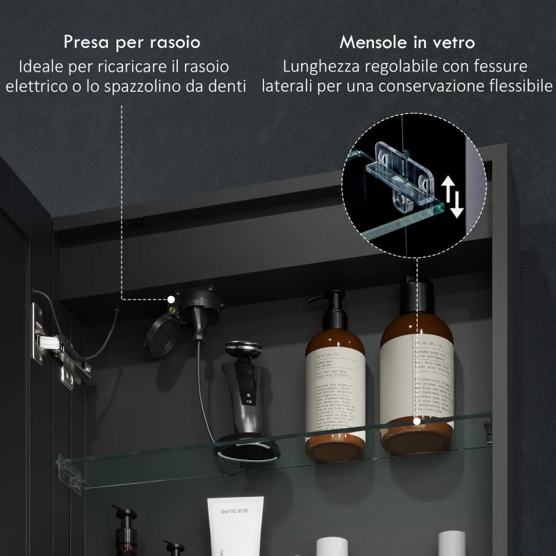 HOMCOM Armadietto Bagno con Specchiera, Luci LED Regolabili e Funzione Anti-Appannamento, Nero