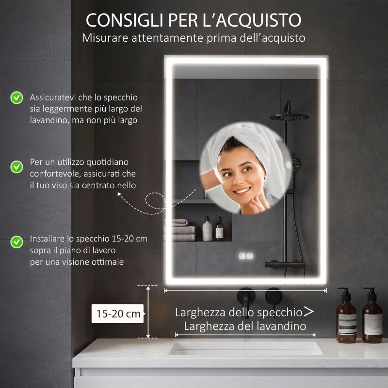 HOMCOM Armadietto Bagno con Specchiera, Luci LED Regolabili e Funzione Anti-Appannamento, Nero