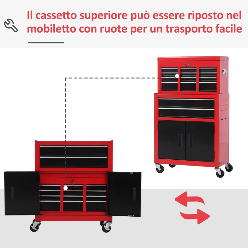 HOMCOM Carrello Porta Attrezzi 2 in 1 con Cassetta Superiore e Armadietto Inferiore, in Metallo, 61.6x33x108 cm, Rosso