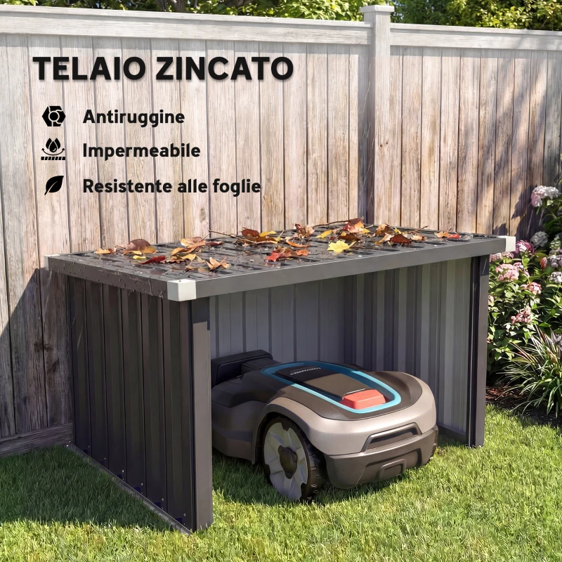 Outsunny Garage per Robot Tagliaerba con Tetto Inclinato in Acciaio, 108x86x62.5 cm, Grigio Scuro