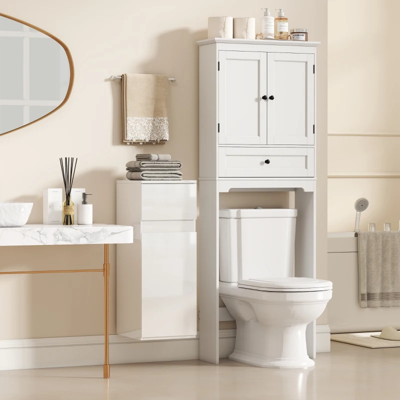 HOMCOM Mobiletto Bagno Sospeso con Cassetto, Anta Lucida e Ripiano in Vetro Regolabile, Bianco