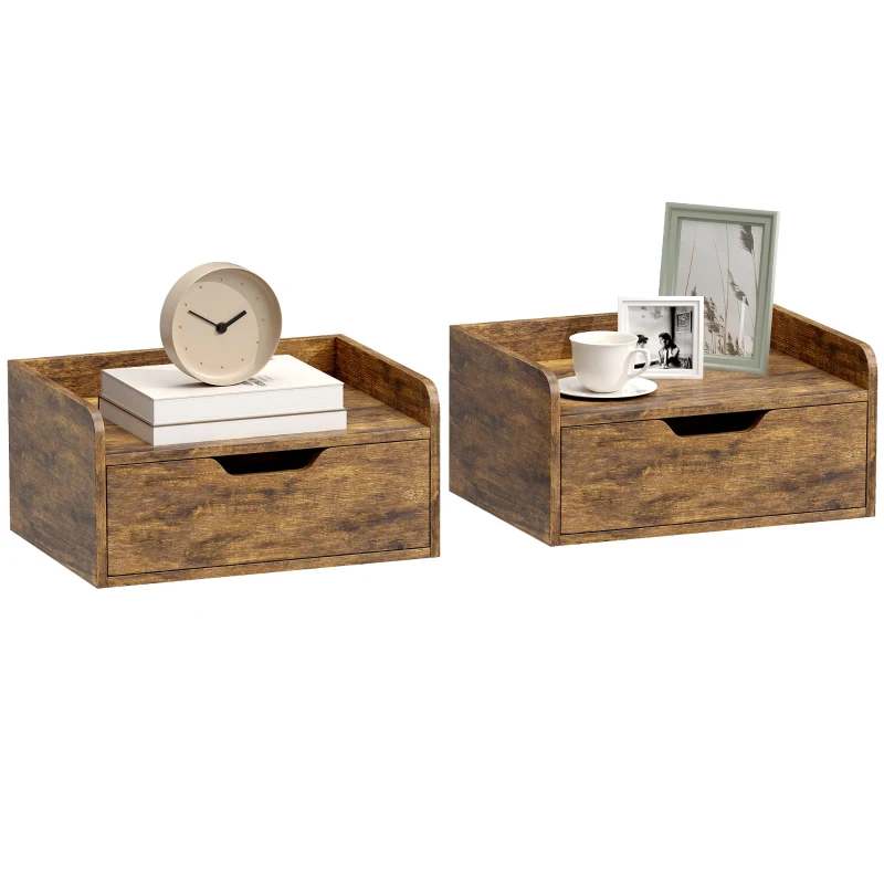 HOMCOM Floating Nightstands Set of 2, Wall Mounted Bedside Table with Drawer for Bedroom, Rustic Brown