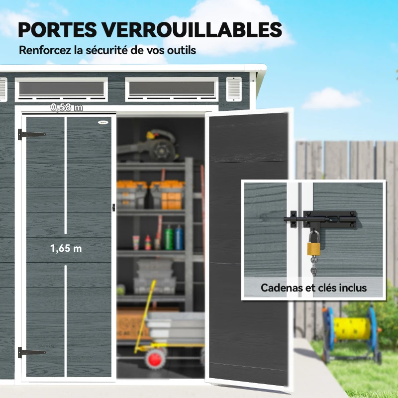 Outsunny Abri de Jardin en Résine Cabanon de Rangement Double Porte 3 Fenêtres et 2 Aérations Anti-UV avec Plancher 3,3 m² Gris