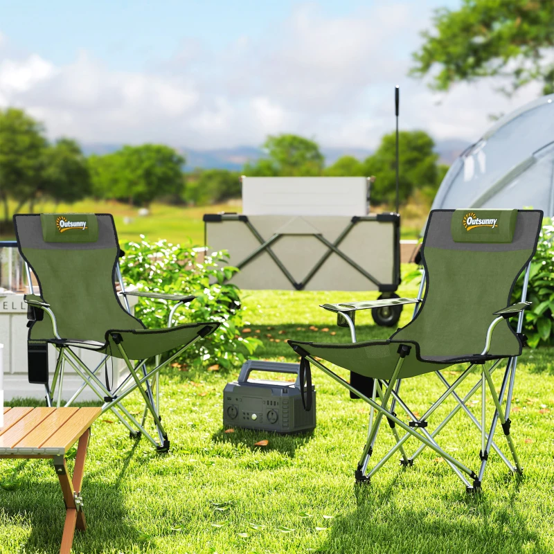 Outsunny Set 2 Klapp-Campingstühle mit Fußstütze und Getränkehalter, 82x50/100x88 cm, Grün