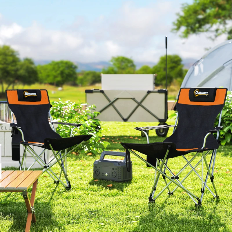Outsunny Ensemble 2 Chaises de Camping Pliantes avec Repose-pieds et Porte-gobelet, 82x50/100x88 cm, Noir et Orange