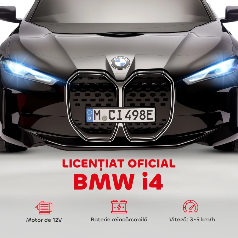 HOMCOM Mașină Electrică pentru Copii 3-6 Ani cu Licență BMW, cu Telecomandă, Claxon și Faruri, 115x67x45 cm, Neagră(m-4)