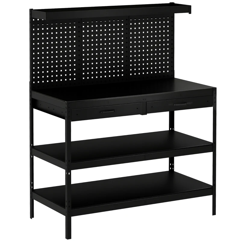 HOMCOM Établi d'Atelier, Charge Max. 272 kg, 122x61x156 cm, Panneau Perforé, 2 Tiroirs et 2 Étagères Réglables, Noir